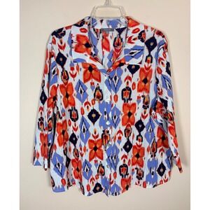 Habitat Ikat Print Button Up Shirt Women's XL 3/4 Sleeve Cotton Blend